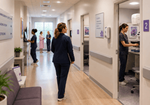 Hallway of mammography suite showing techs working with ease