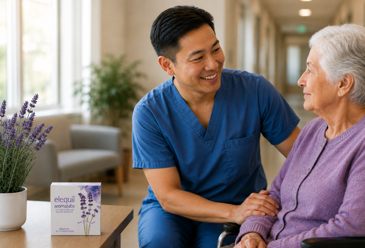 an elderly women in a chair sitting next to a male nurse smiling at her with a box of elequil aromatabs in front of them on a table