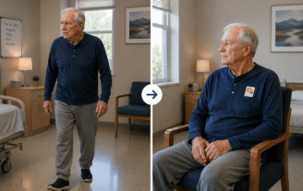 left is an agitated older man and on the right with an elequil aromatab on his shirt he is relaxed in a chair