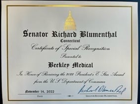 Certificate of recognition from Senator Blumenthal for receiving the President's E Star Award