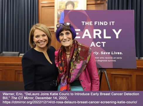 Journalist Katie Couric and Congresswoman Rosa DeLauro posing for a photo in front of The Find It Early Act signage