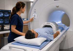 male patient going into mri machine with female tech near him pressing buttons on the machine