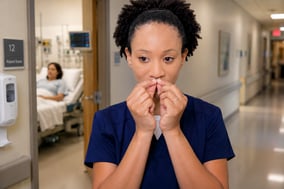 female nurse inserting an olora halo into her nose before entering a patient's room
