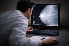 male radiologist leaning in close to a computer with an image of breast from mammogram