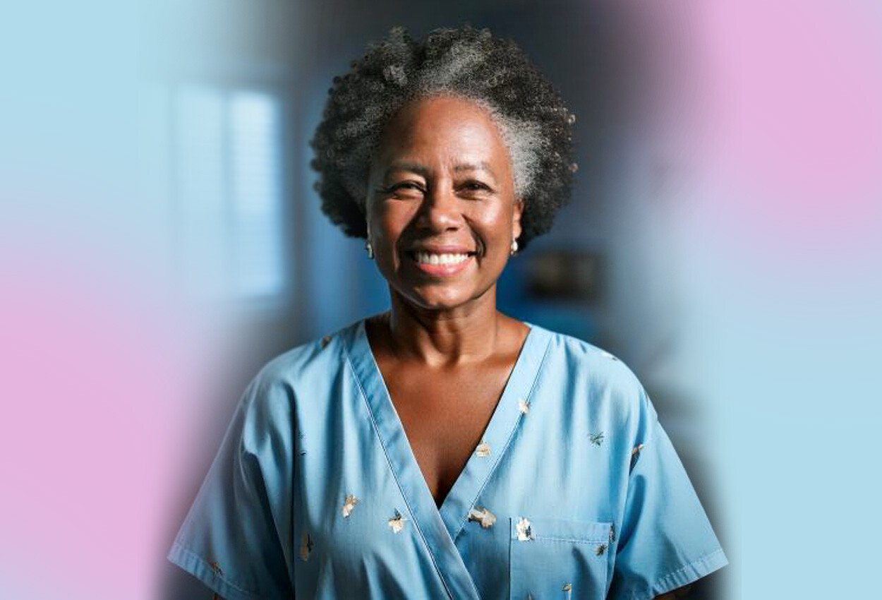 radiology-female patient in medical outfit, smiling