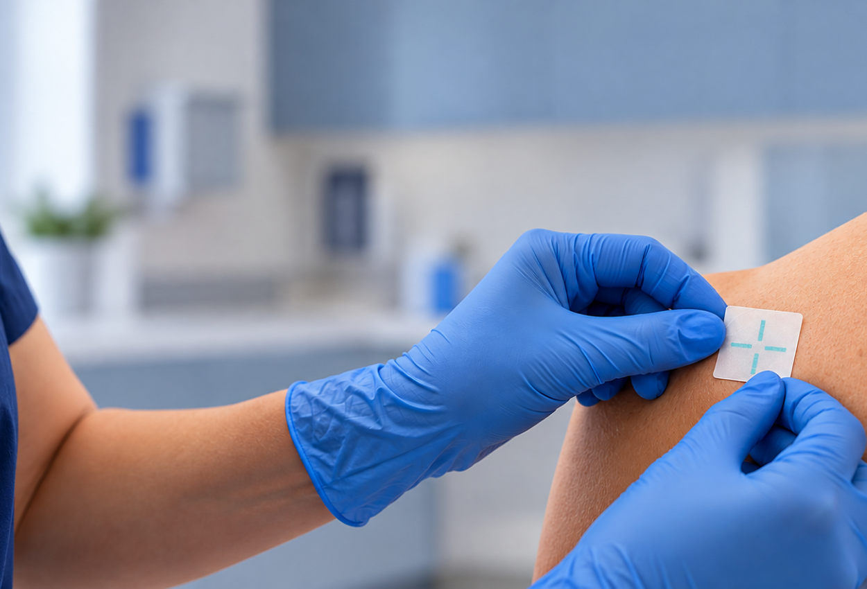 a close up of a technician's hands applying InkRight Semi Permanent Tattoo crosshair to a patient's shoulder