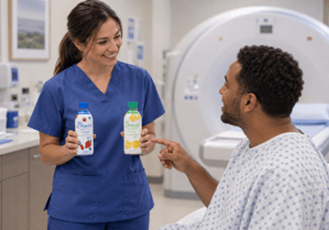tfemale tech holding a bottle of each flavor of Breeza and the male patient choosing one. 