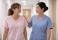 an asian female imaing technician with her hand on her female patient's shoulder walking down the hall