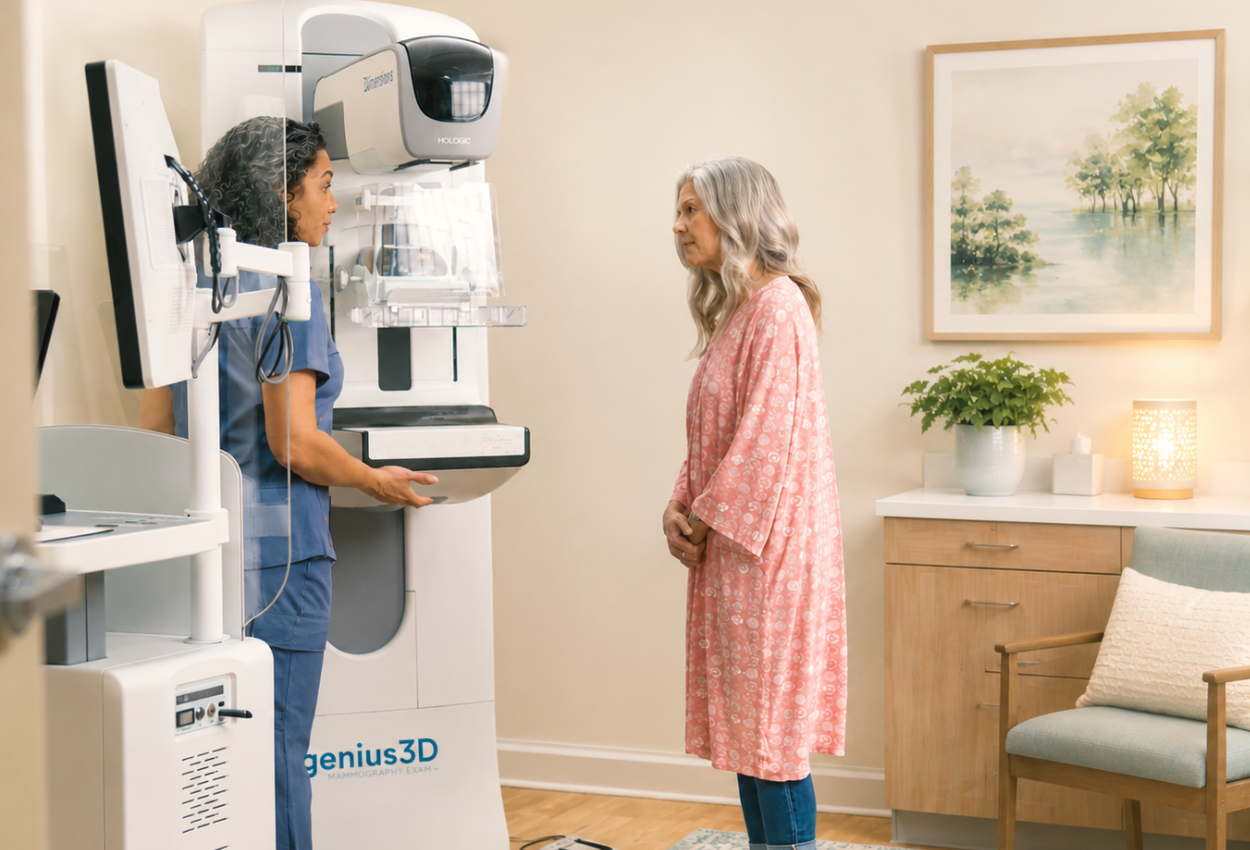 an older female patient in a mammography room with a mammo tech showing her Bella Blankets on the plate