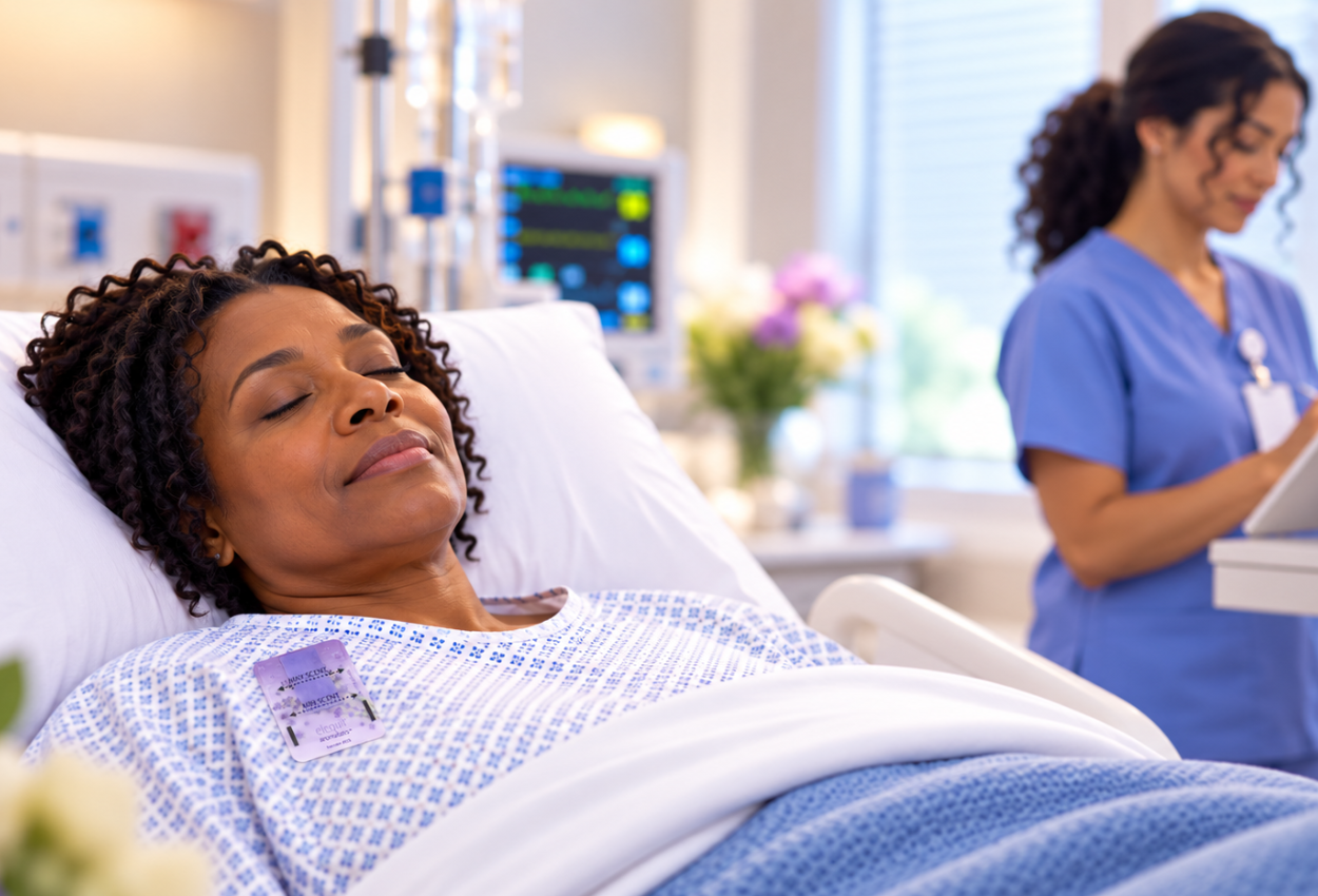 African American women hospital patient sleeping with a Lavender Elequil aromatab