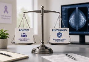 scale in front of radiologists work station with Benefits on one side and responsibility on the other sidei