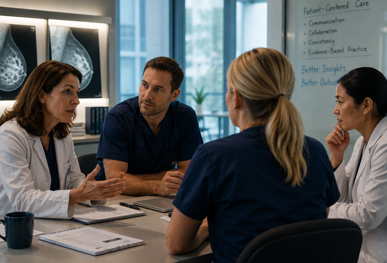 team of two doctors and two nurses discussing something in a conference room