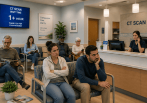 busy ct waiting room with frustrated patient waiting