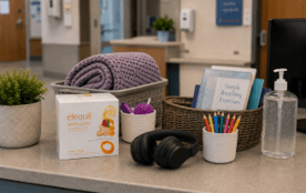 counter in a medical facility with blankets,box of elequil aromatabs, headphones, fidgets, and crayons