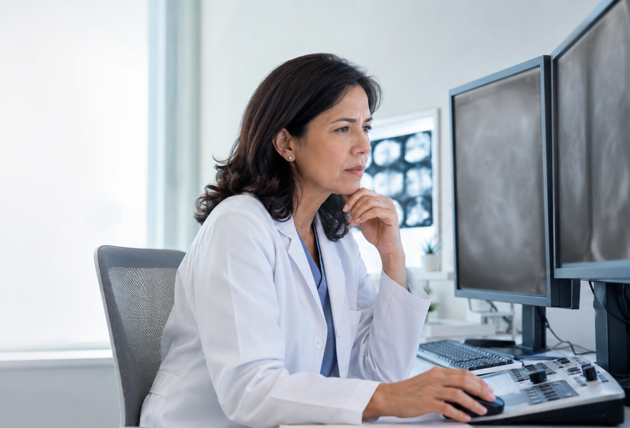 female radiologist intently looking at computer screen