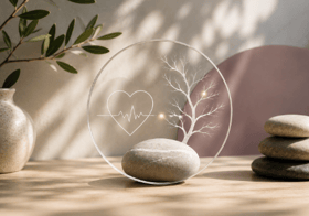 a glass disc on a table with an etched heart connected to a tree