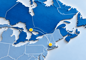map of the Northeast and Canada with pinpoints on Ontario and CT and a dotted line connecting the two