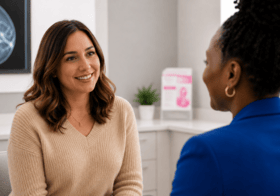 a female patient facing Dr. Parris discussing her mammogram