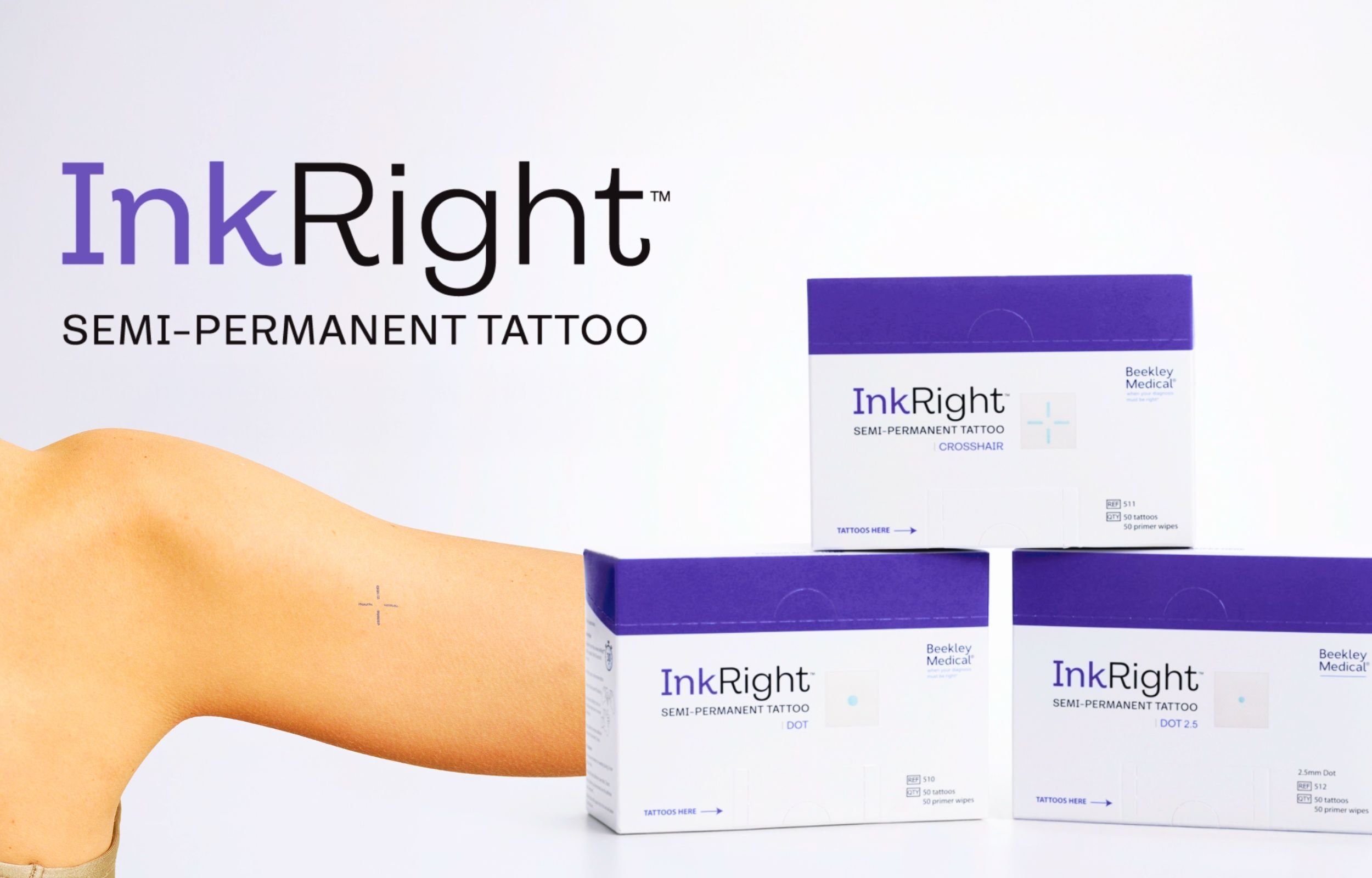 InkRight product boxes next to an arm with an InkRight crosshair mark