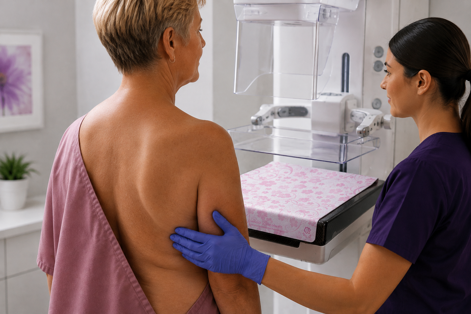 a mammography tech guiding a women with skin folds to the receptor plate with Bella Blankets protective coverlet on it