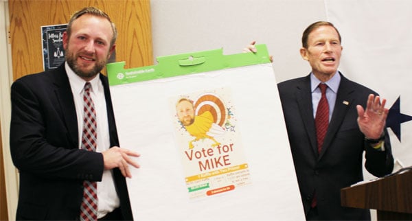 No Shave November: Mike showing his endorsement poster, with Senator Blumenthal's support