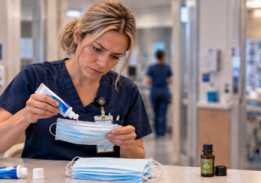 female nurse putting toothpaste between two masks