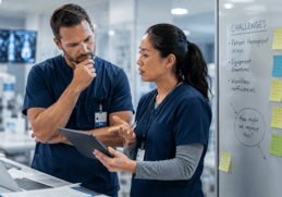 male healthcare worker thinking and looking at clipboard of female healthcare worker. Whiteboard behind them with a list of challenges