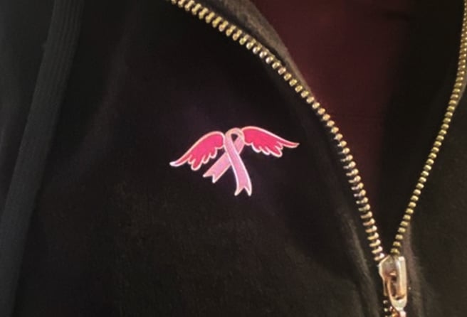 OBCAM enamel pin on velour jacket