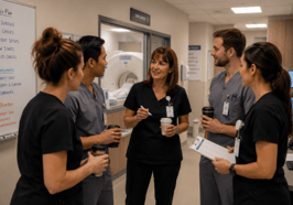 five members of a radiation oncology team discussing the day in a morning huddle