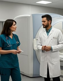 A radiologic technologist talking with a radiologist in front of a MRI machine