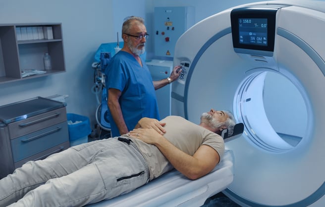 A patient on a CT machine for radiation treatment preparation.