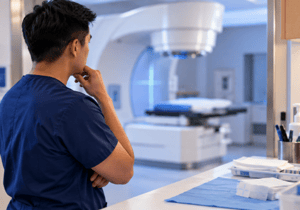 radiation technician with back turned thinking while looking into treatment room