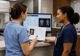 two radiation therapists looking over patient notes