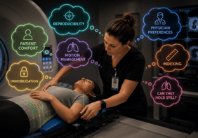 female simulation therapist adjusting a patient with multiple thought bubbles around her head of all the tasks she is keeping in mind