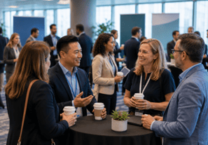 group of four attendees at a conference chatting at a table