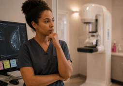 female tech thinking outside a patients room