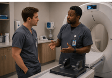 a younger male therapist listening to another therapist explaining something in a treatment room