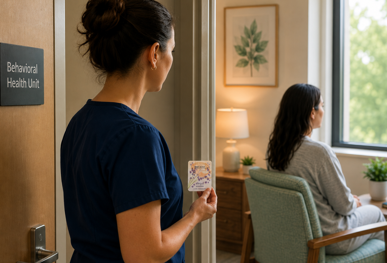 patient staring out of the window in her room and a nurse by her door walking in with an Elequil Aromatab