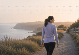 woman walking on a trail near the water with a faded calendar above her